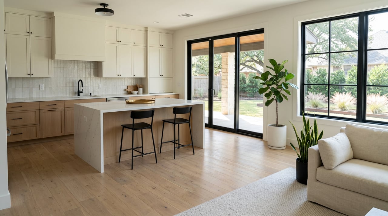 Great room with black-grid glazing, light oak floors, a quartz island, and plants beyond the rear slider.