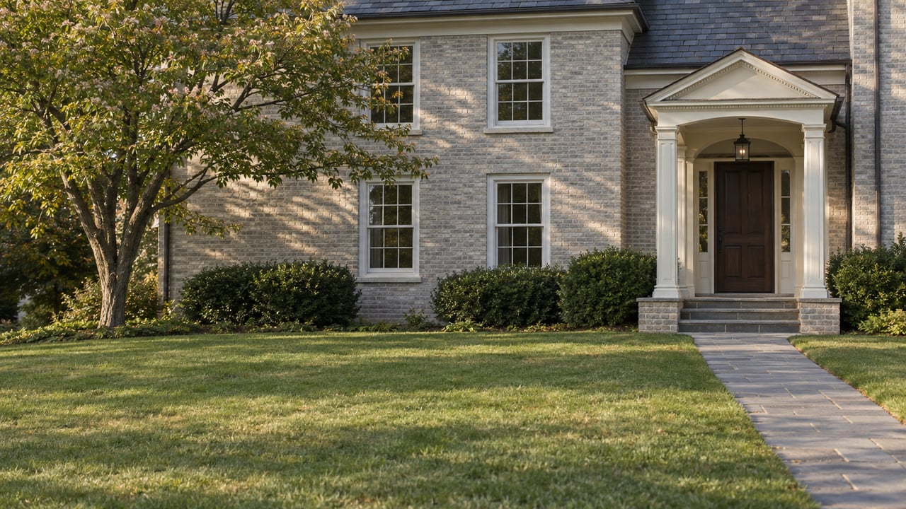 Warm gray brick house entry with white sash windows, bluestone steps, and a deep lawn.
