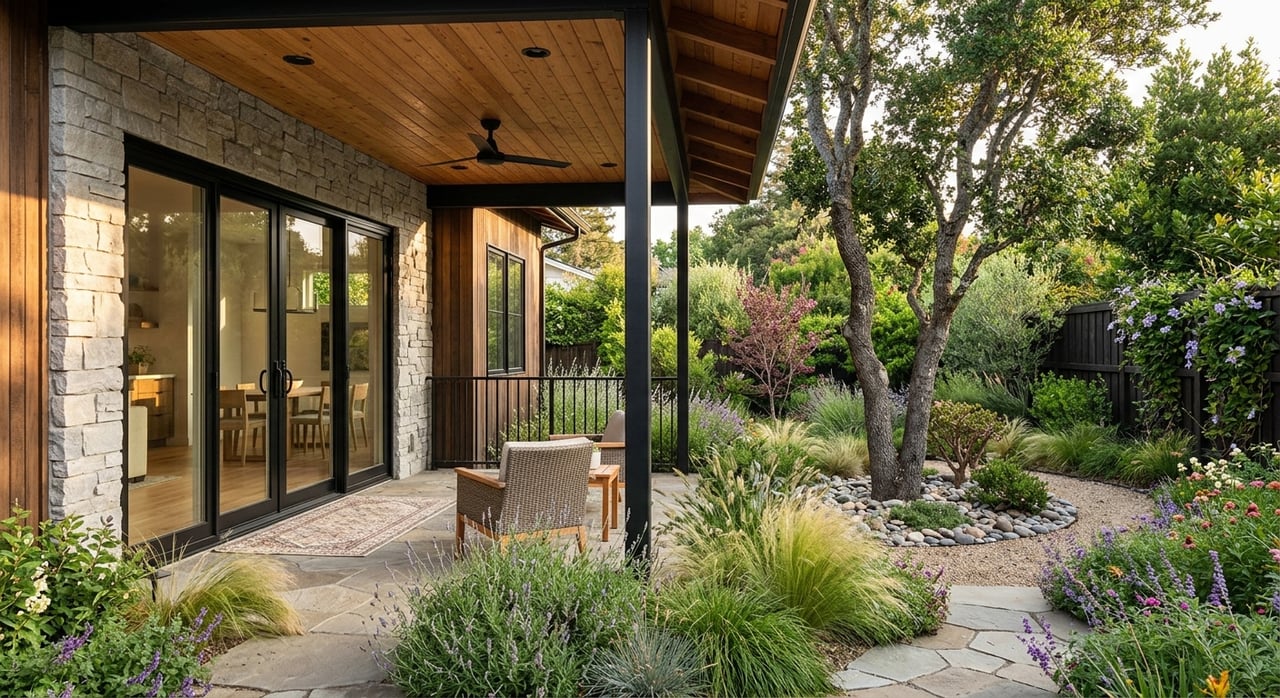 Covered patio with a black-framed sliding door, lounge chair, and native grasses beyond a low seat wall.