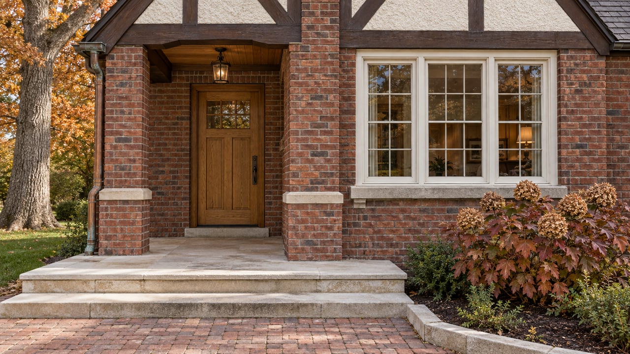 Oak front door and divided-light window set in aged red brick above limestone porch steps, with autumn oakleaf hydrangea beside the approach.