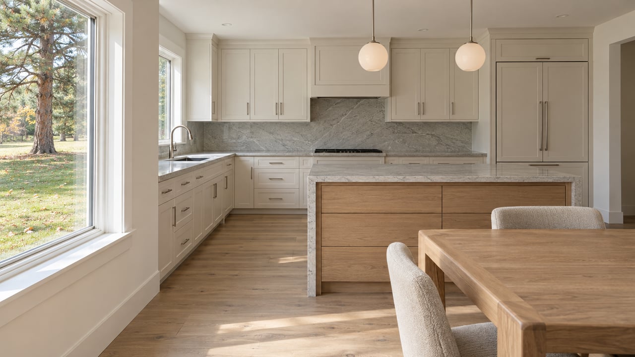 Daylit kitchen with off-white cabinets, pale stone counters and oak flooring, viewed past an oak dining table toward a closed window overlooking lawn and a mature pine.