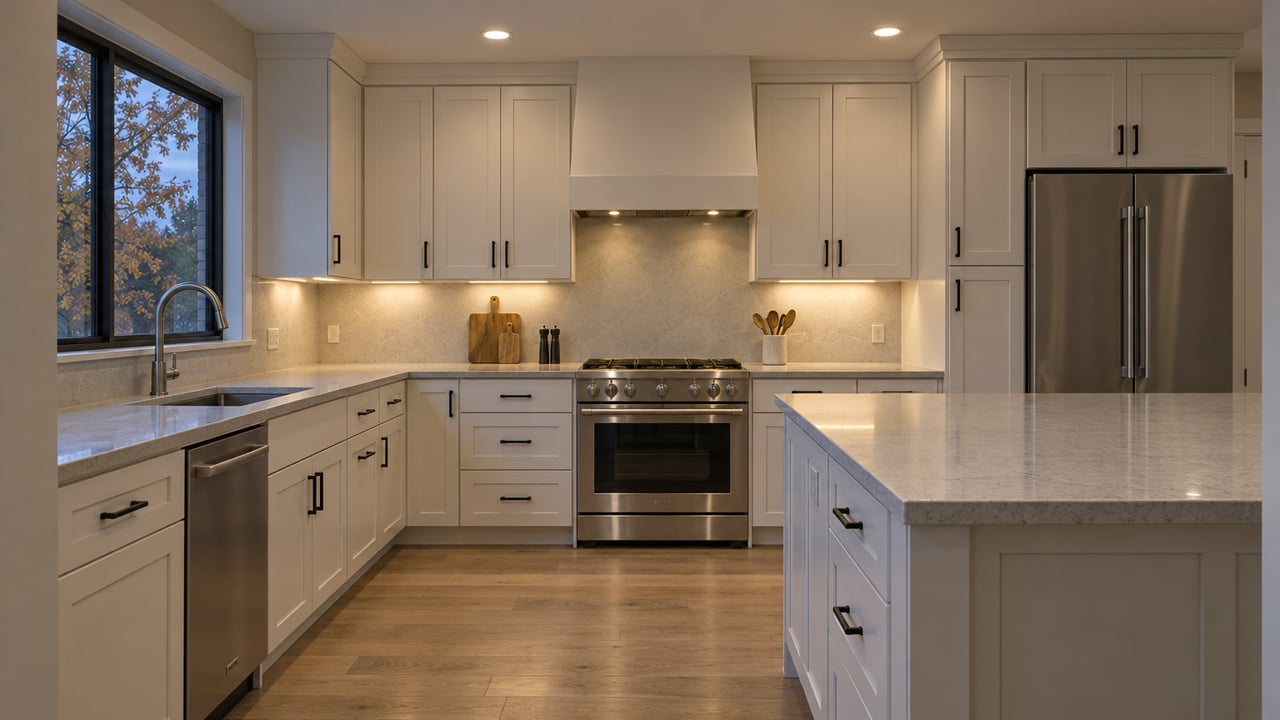 An updated kitchen at dusk with off-white shaker cabinets, a quartz island, pale oak flooring and an amber-leaved branch outside a closed window.