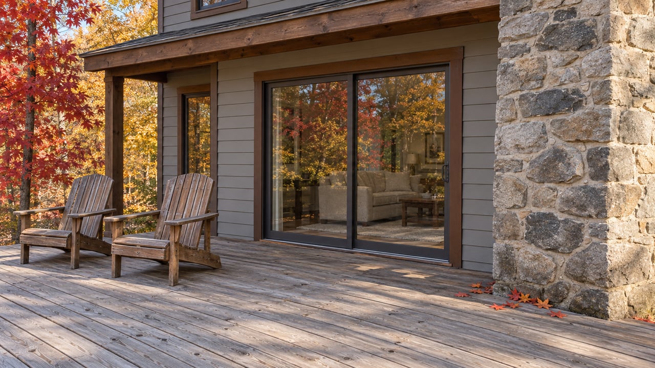 Weathered cedar deck with two timber chairs beside gray siding, a sandstone chimney and closed glass doors, framed by copper-red autumn leaves.