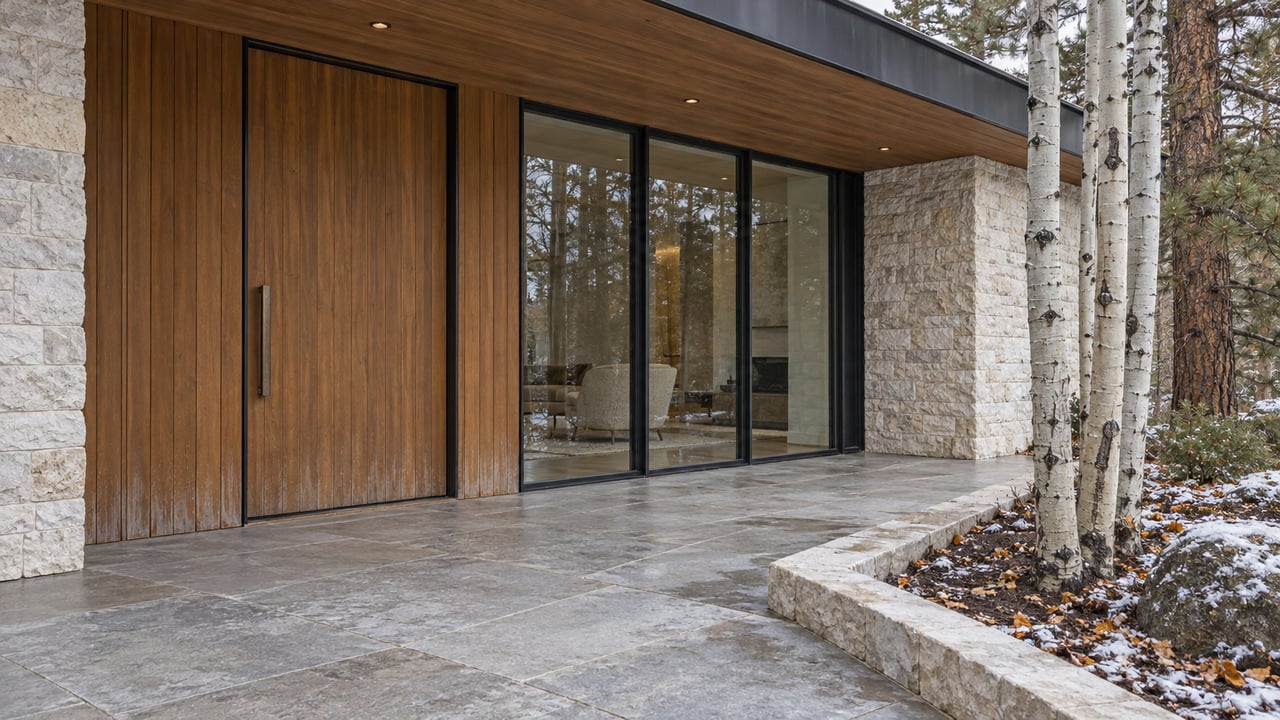 Contemporary home's timber entrance and large glazed bay beside pale stone paving, bare aspens and a trace of snow.