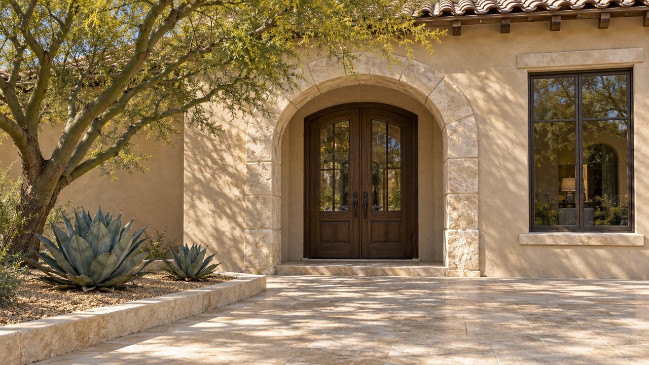 Limestone-framed arched entrance with paired oak doors, warm stucco, clay roof tiles and sculptural desert planting in morning light.