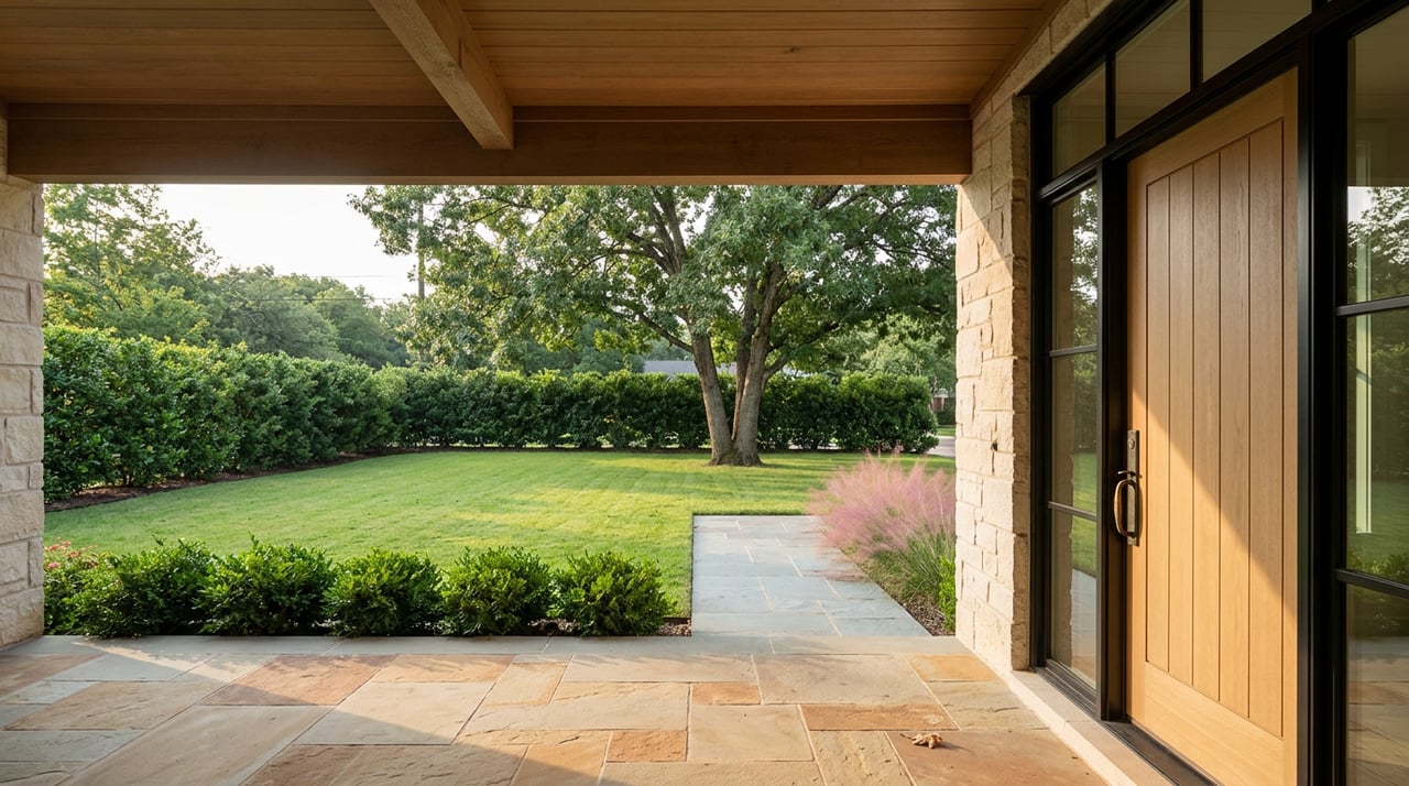 Covered porch with a flagstone floor, oak-plank door, and diagonal paver path across a lawn toward a large oak.
