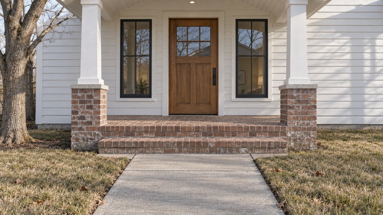 Winter morning light on a soft-white home's oak front door, brick porch steps and concrete approach beside dormant lawn.