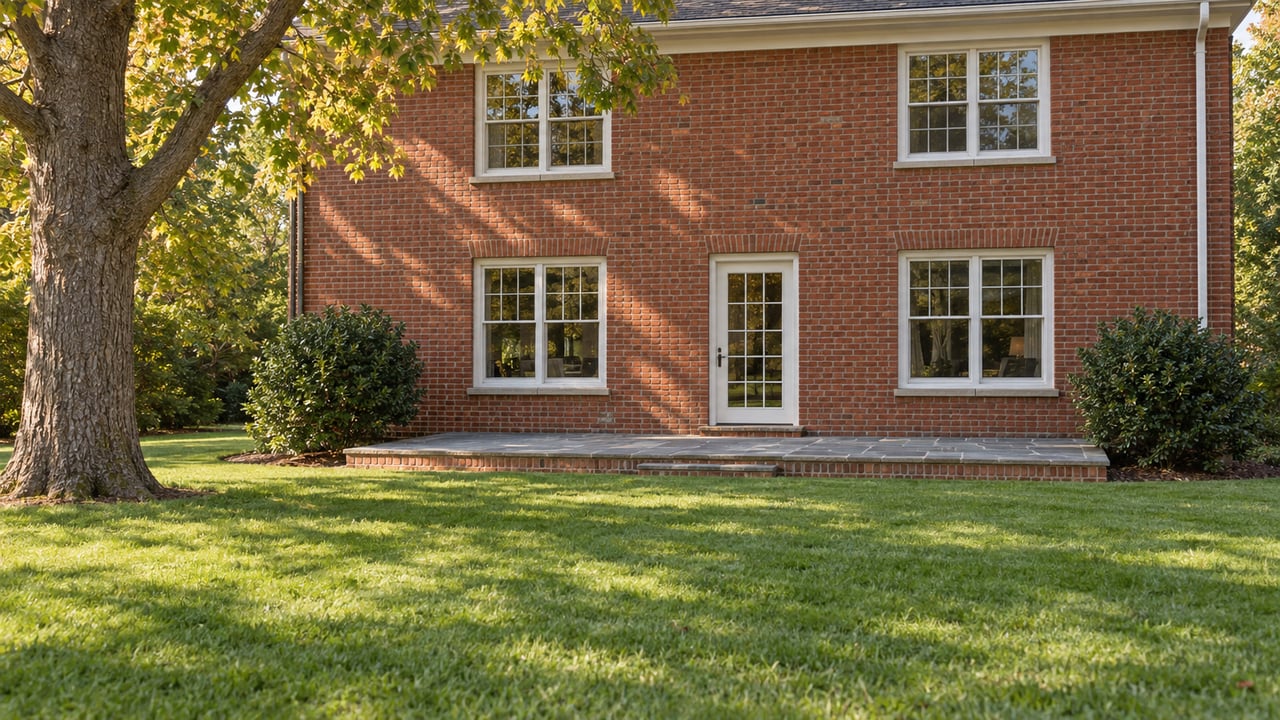 Two-story red-brick home beyond a broad lawn, with a shallow stone patio and oak tree at left.