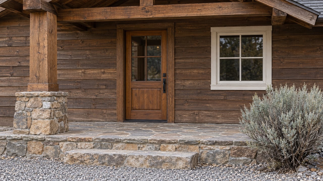 Sheltered timber cabin entry with a glazed wood door, white-trimmed window, stone porch and silver sagebrush beside a gravel approach.