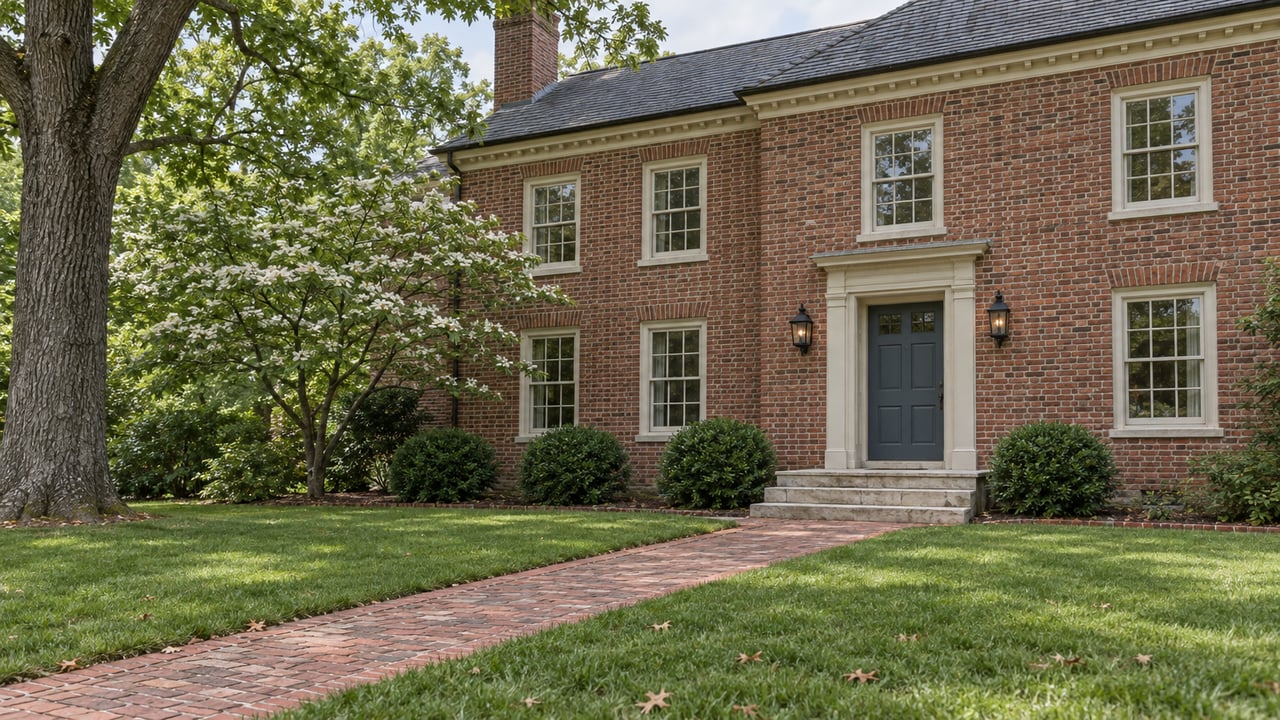 A substantial red brick house with cream sash windows, a blue-gray entry door, limestone steps, and a brick walk across a broad lawn beneath mature trees.