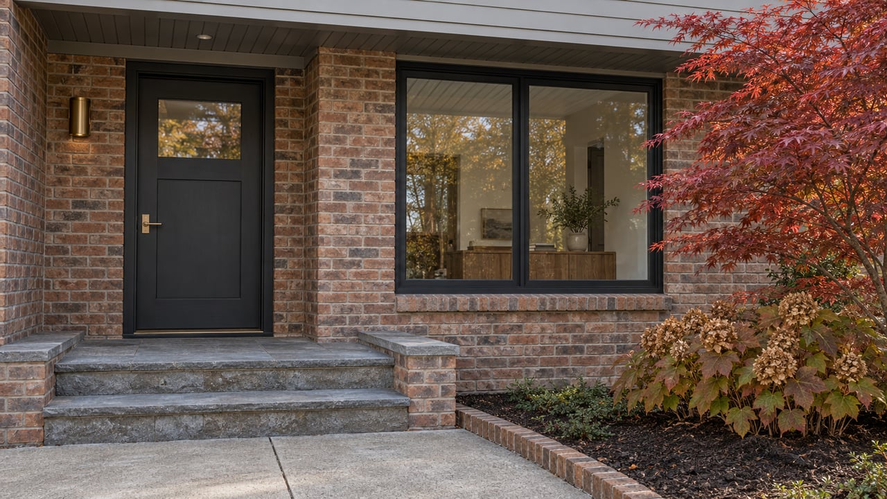 Renovated brick home entry with a charcoal door, black-framed window, stone steps and copper-red autumn foliage.