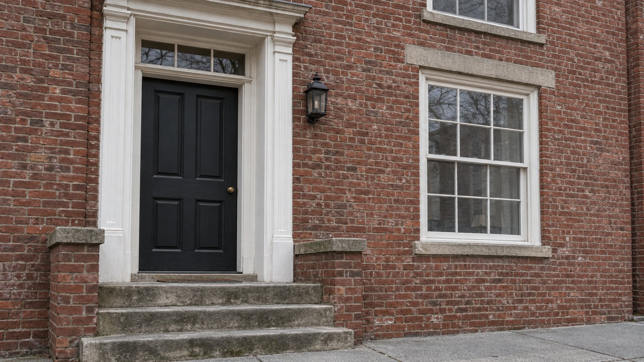 A brick home's dark paneled front door and white-trimmed sash window above worn limestone steps in soft daylight.