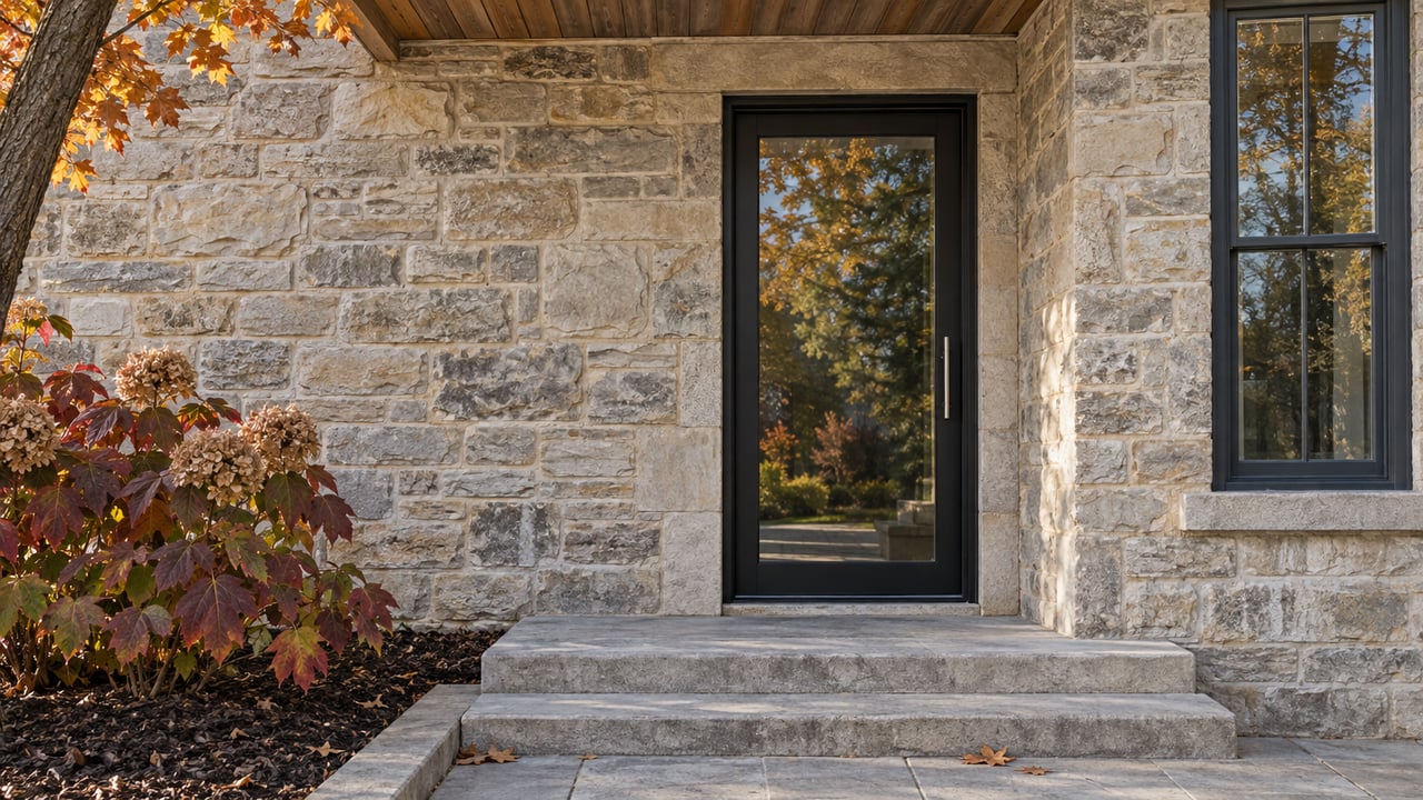 Autumn light falls across an updated stone home's glazed black entry door, worn limestone steps and burgundy oakleaf hydrangea.