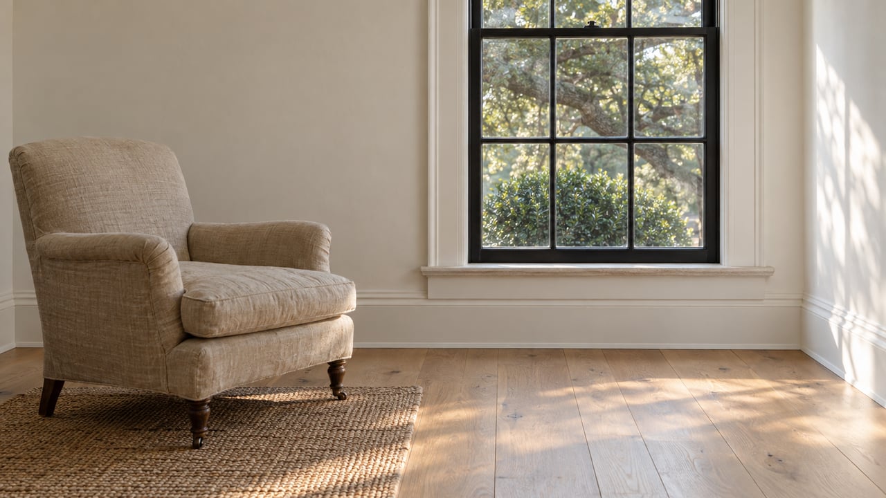 A linen-upholstered chair beside a tall sash window, with oak floors and leafy branches outside.