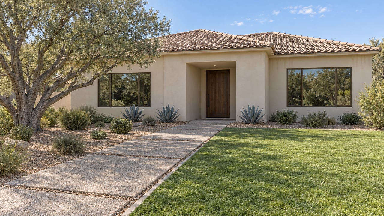Low ivory stucco home with sand-colored tile roof, bronze-framed windows and a garden approach beside an ironwood tree and agaves.