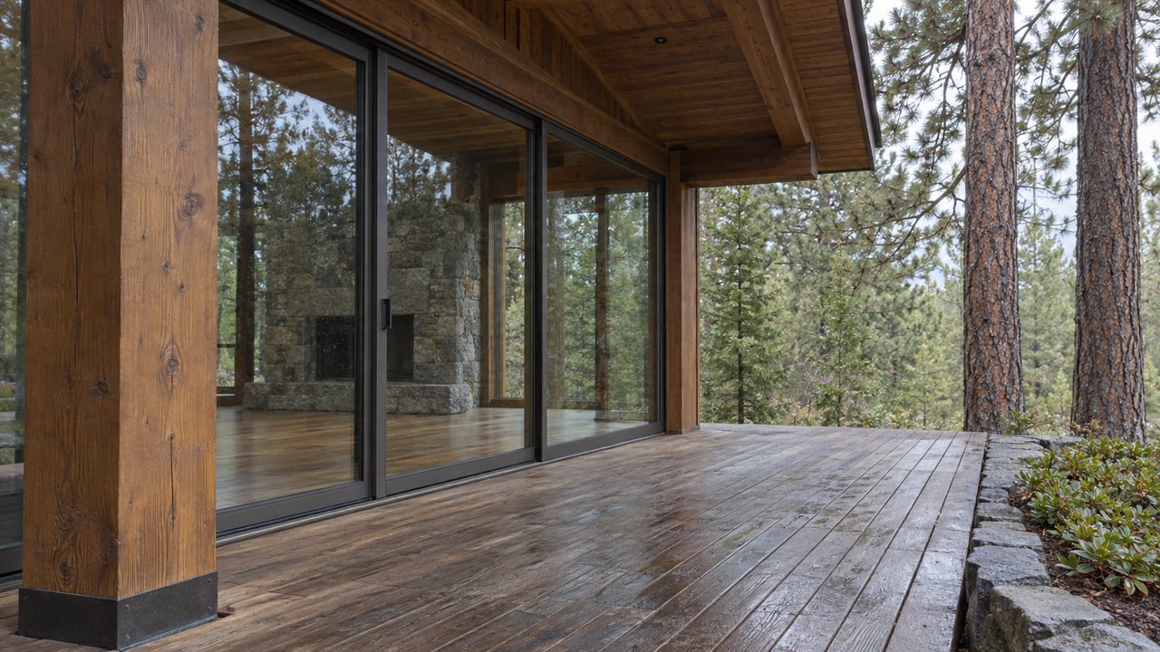 Covered timber deck with a broad glass door, stone fireplace inside, and pine trees beyond.