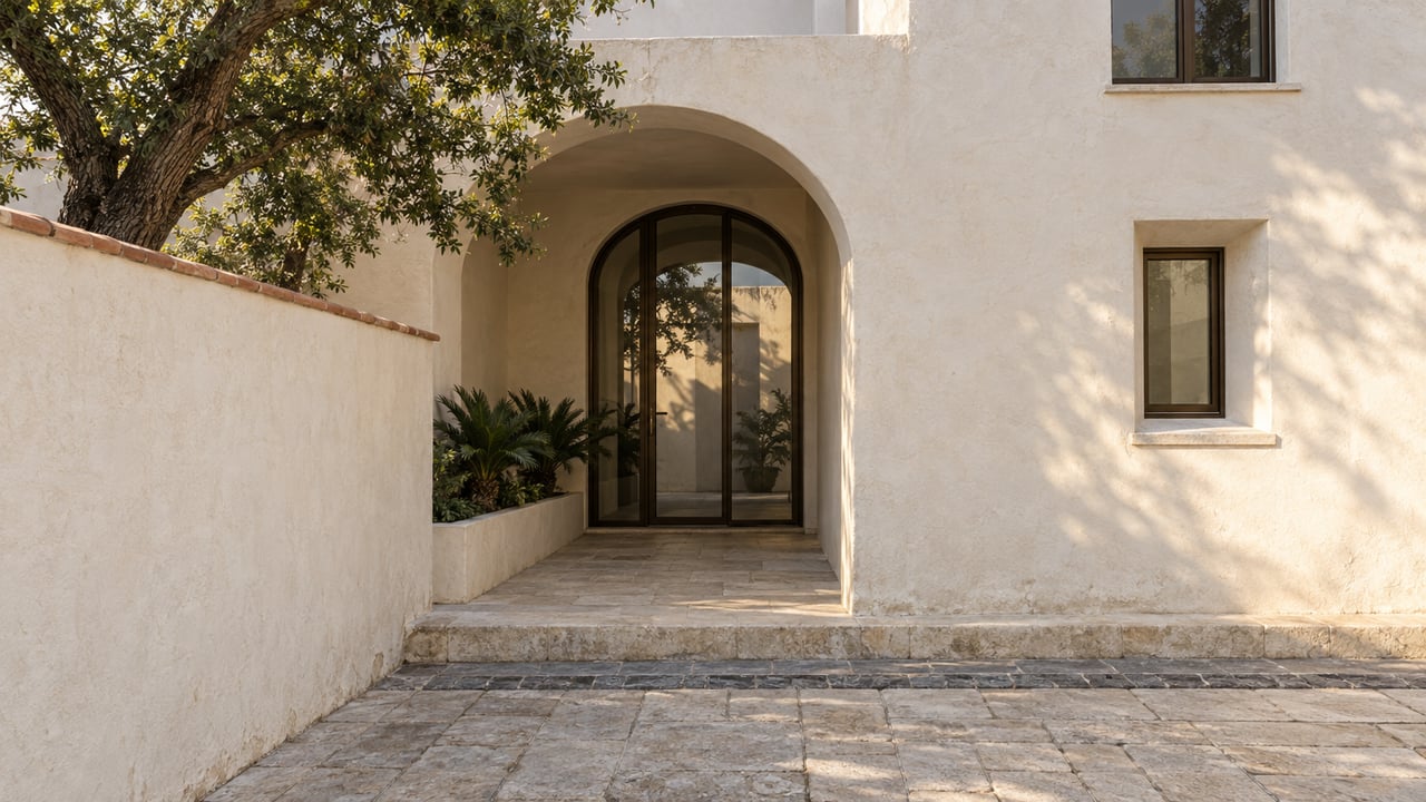 Sand-white stucco townhouse with a recessed arched glass entry, inset windows, and a courtyard wall beneath an oak tree.