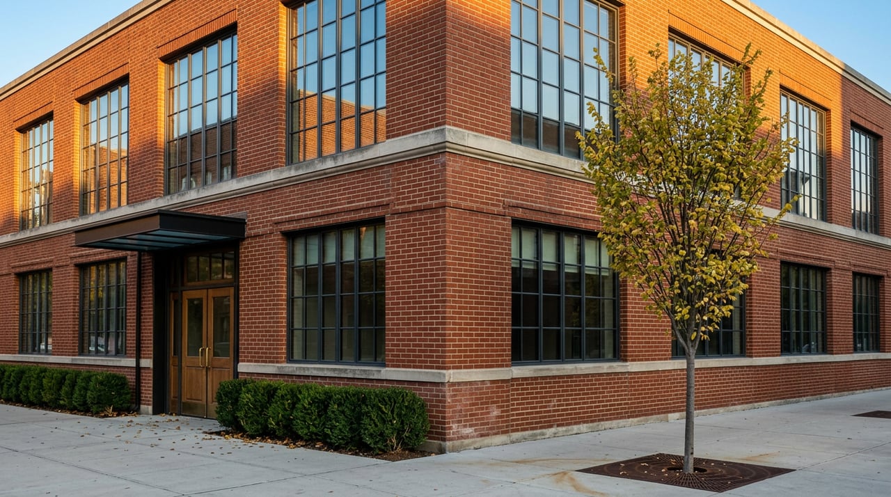Red-orange brick building corner with tall steel-framed windows, an elm tree, and recessed glass entry.