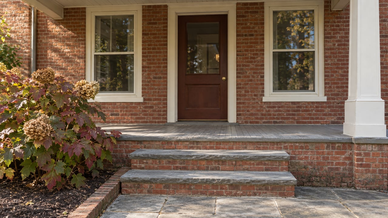 A warm brick home entrance with ivory trim, a russet wood door, weathered bluestone steps and an oakleaf hydrangea in autumn.