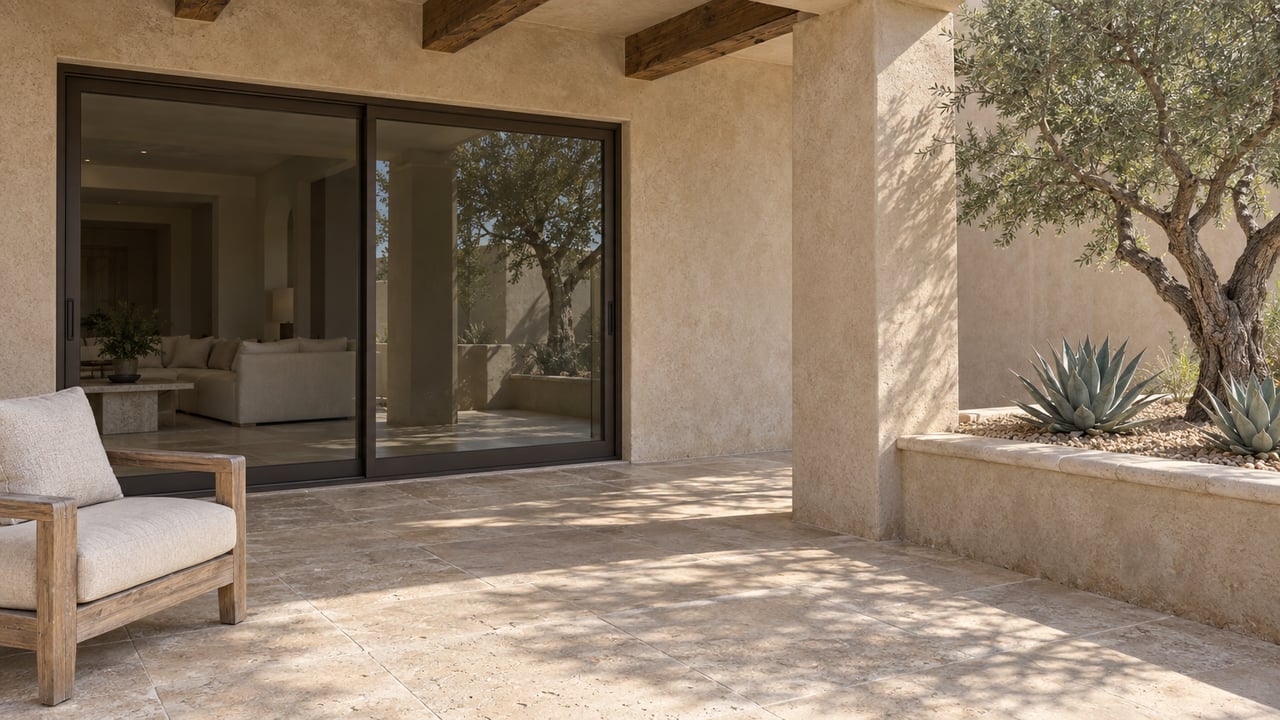 A shaded limestone patio beside a sand-colored single-story home, with closed bronze-framed glass doors, one teak chair and an ironwood tree in a raised stone-topped planter.