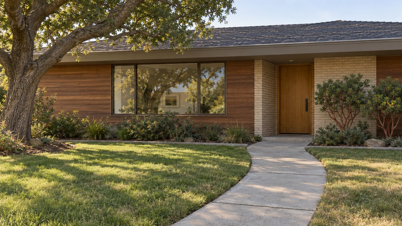 Warm afternoon light on a wood-sided single-story home with a buff-brick entry, broad window, mature oak and concrete garden approach.