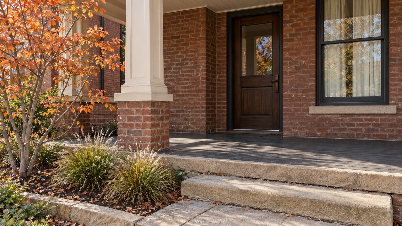 Restored russet-brick entry with a walnut door, ivory porch pier, worn sandstone steps, and copper-colored serviceberry foliage.