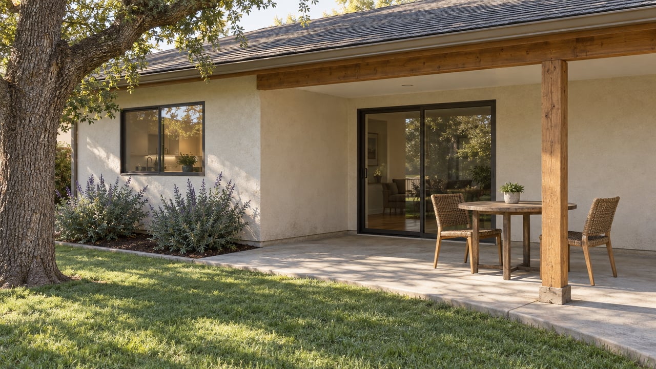 A shaded timber patio beside a cream stucco ranch home, with two woven chairs, a wood table, and a lawn bordered by flowering sage.