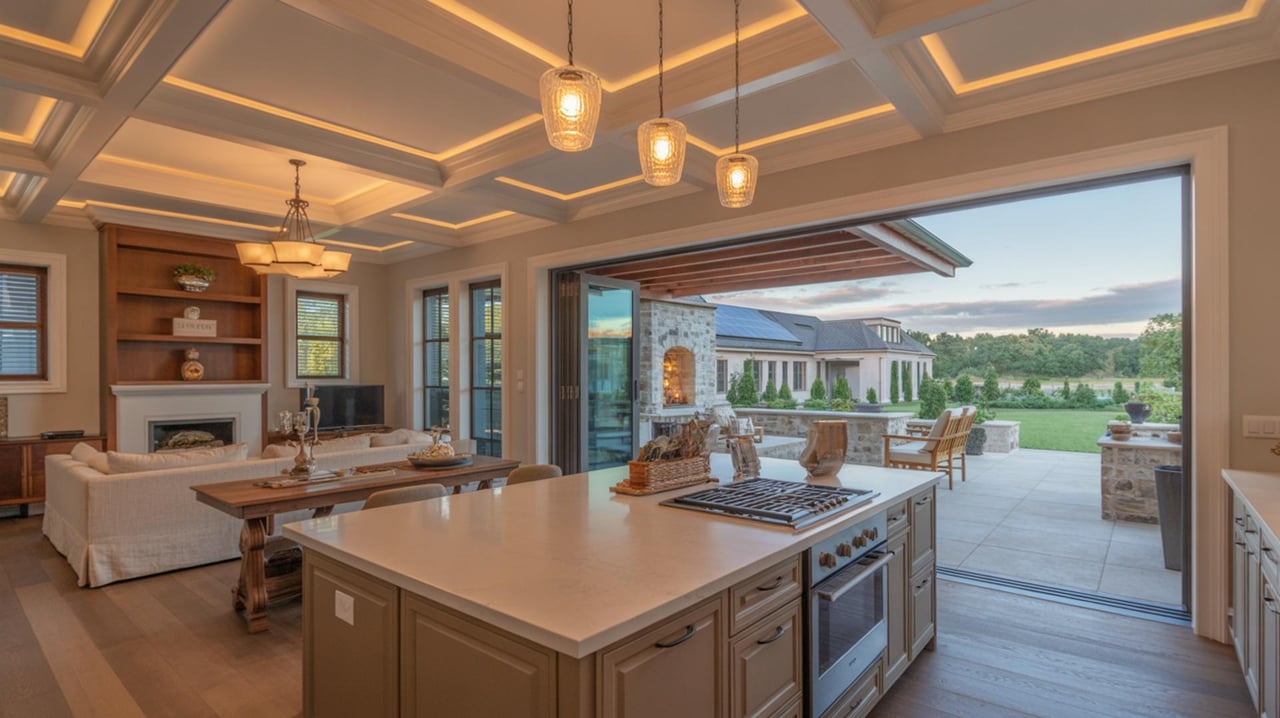 Kitchen island and living area open through sliding glass doors to a patio overlooking a golf course.