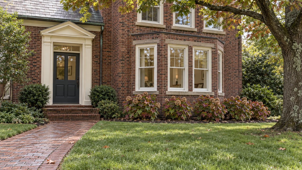 Rain-darkened brick home with white sash windows, a brick entrance walk, oak canopy and autumn hydrangeas.
