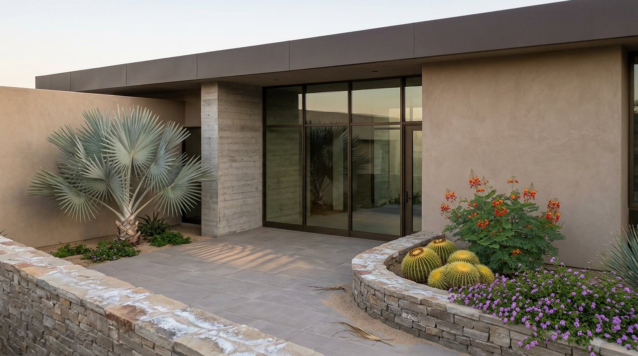 Desert home courtyard with a silver-blue fan palm beside glass doors, casting shadows across paving and a cactus-filled stone planter.