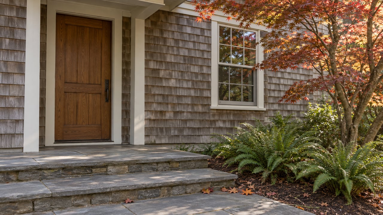 Cedar-shingled home entry with bluestone steps, a recessed oak door, and a maple showing autumn-red leaves.