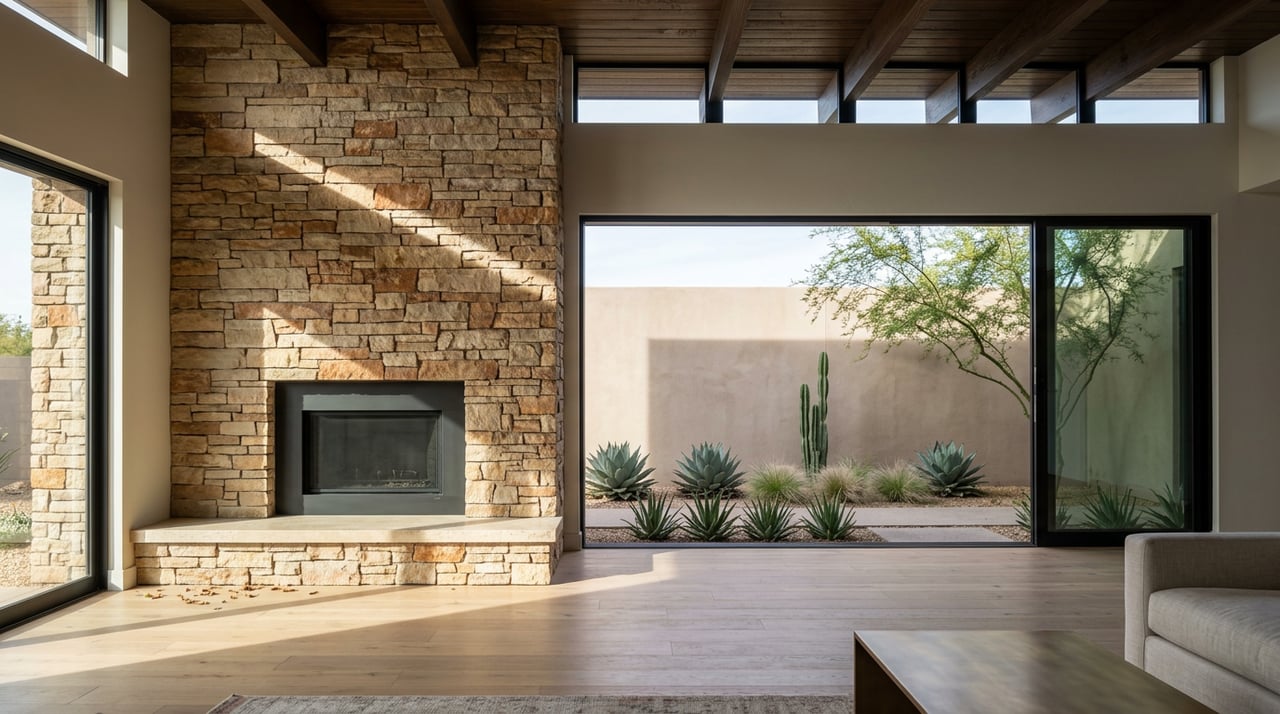 Stacked-stone fireplace beneath dark timber beams, with sunlight crossing the floor and a desert courtyard beyond the glass slider.