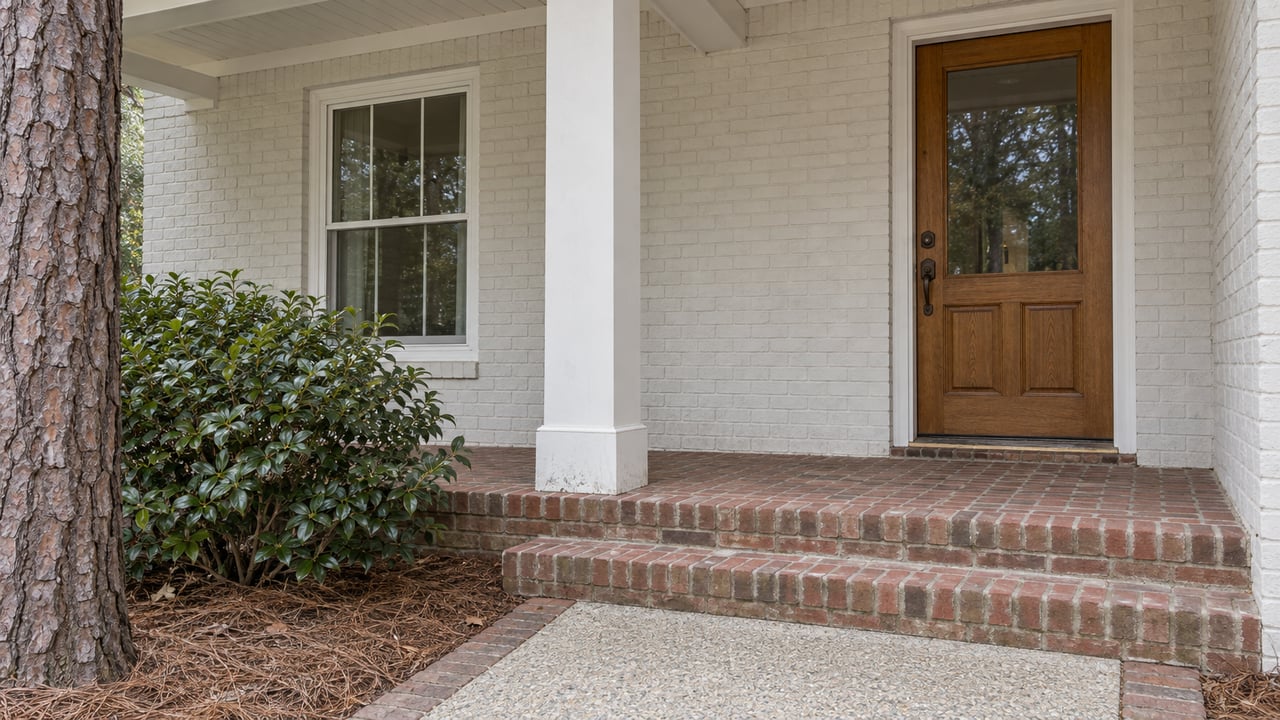 Covered entry with a glazed oak door, white-painted brick, red brick steps and a camellia beside an aggregate walk.
