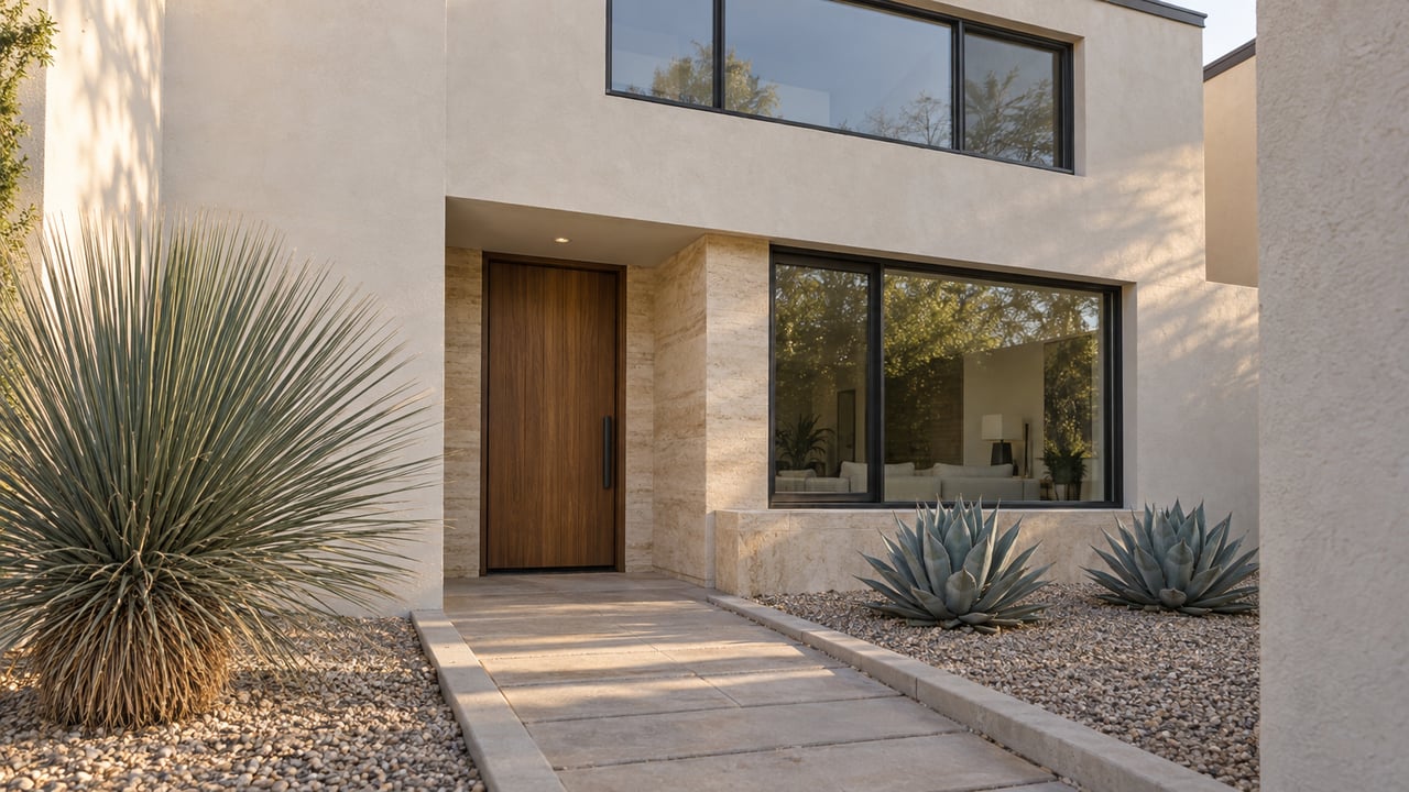 Attached stucco residence with a recessed wood door, limestone entry, and three spiky plants in a gravel bed.