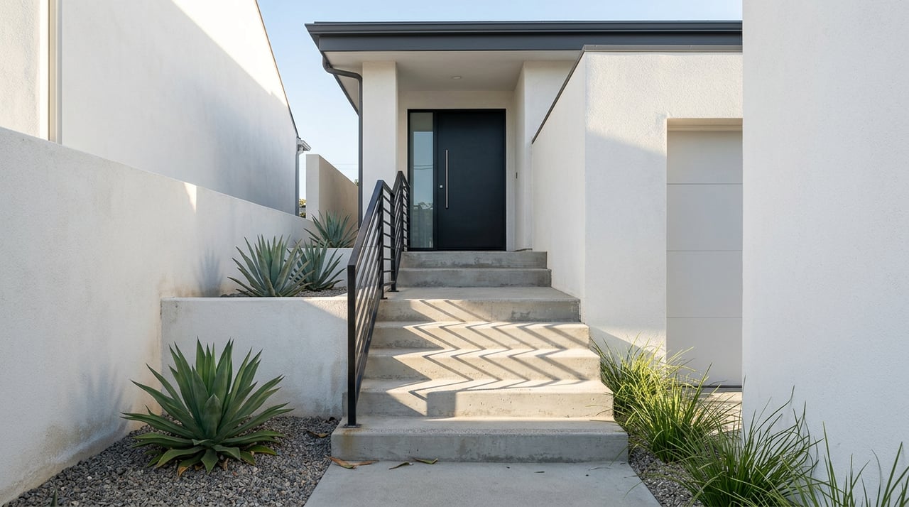Concrete stairs climb to a recessed black entry door, with agave and aloe plants beside the white stucco wall.