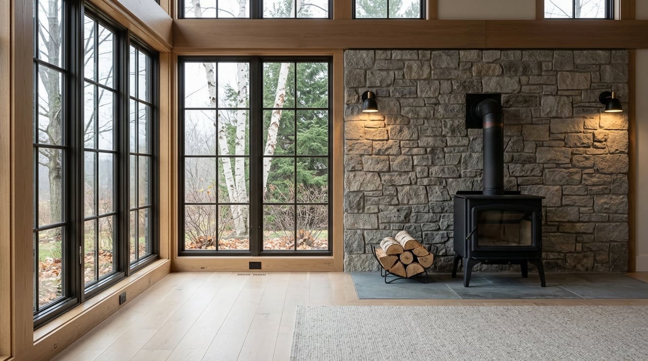 Matte-black wood stove on a bluestone hearth before a fieldstone wall, with oak beams and a window overlooking trees.