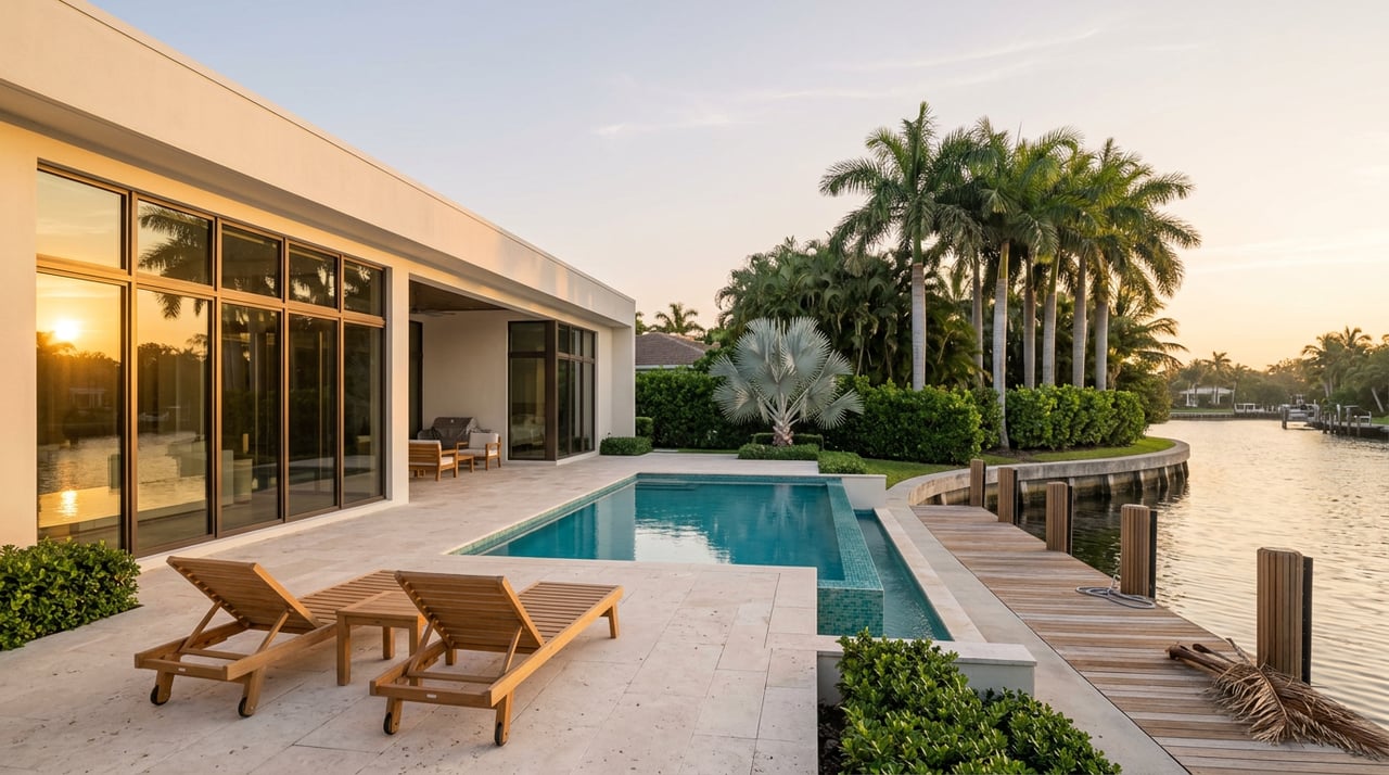 Waterfront home’s glass facade overlooks a turquoise infinity pool, travertine terrace, and palm-lined canal.