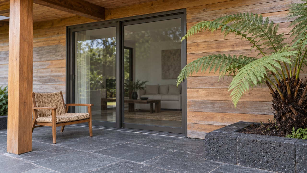 Covered terrace with weathered cedar siding, closed sliding glass doors, a woven teak chair and a tree fern in a raised basalt planter.