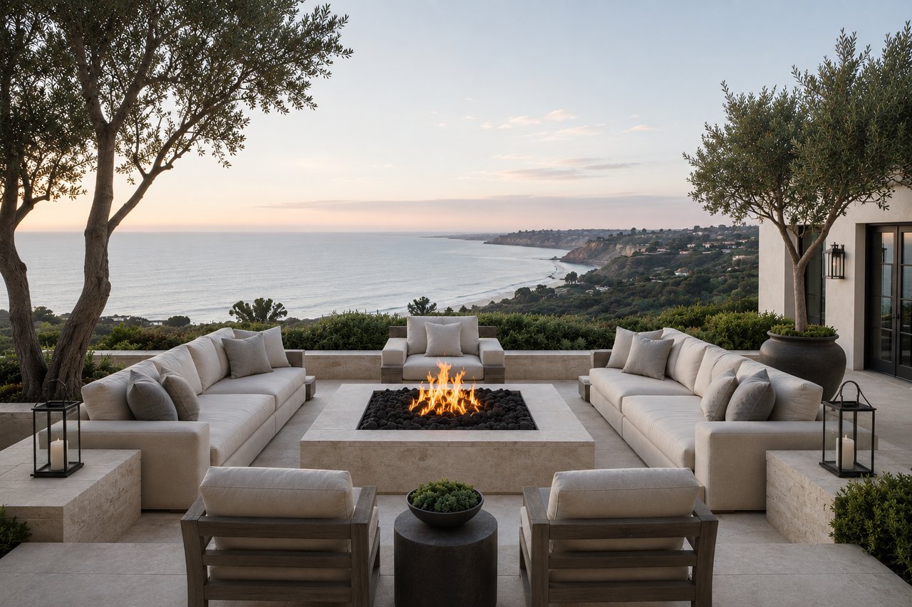 modern mediterranean luxury outdoor terrace with full ocean view
