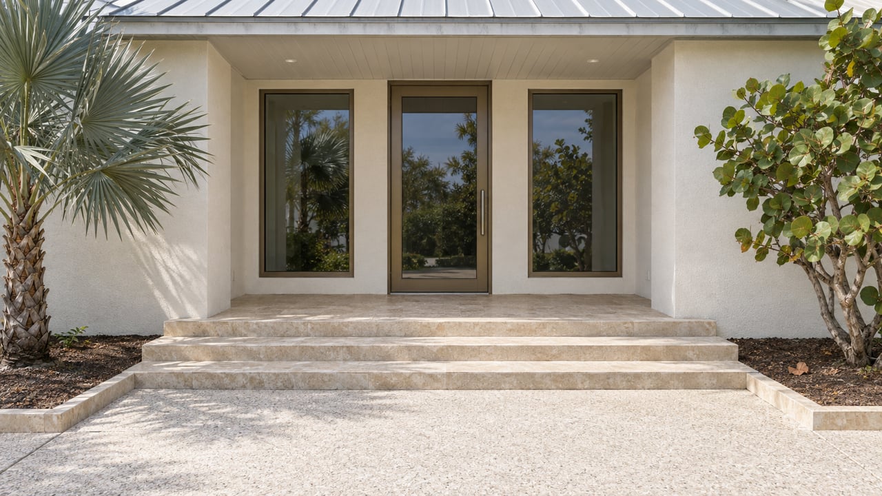 Sunlit coastal home's covered entrance with pale stucco, limestone steps, bronze-framed glazing, a silver palm and sea grape.