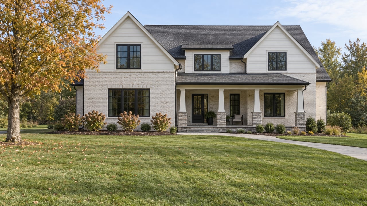 A broad front lawn leads to a white gabled house with a stone porch and an amber-leaved maple.