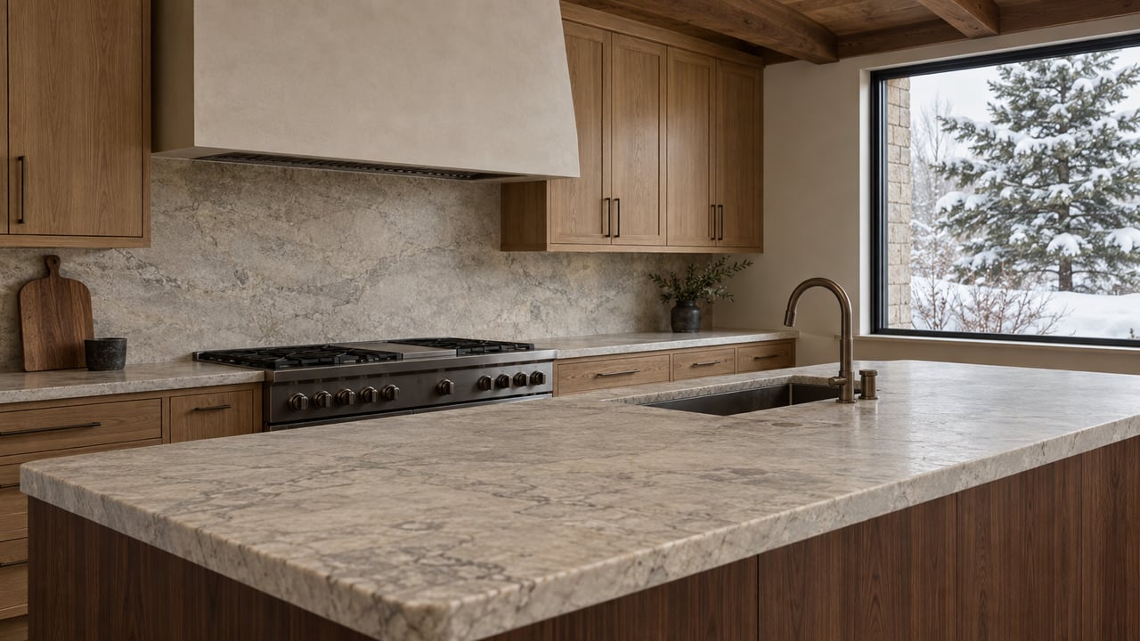 Private kitchen with a veined stone island, walnut front, oak cabinets, and snowy pine visible through a window.