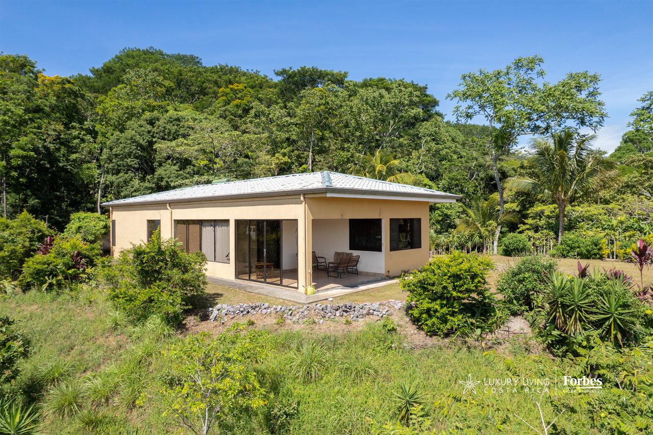Small beige house with a covered patio surrounded by tropical gardens and forest.