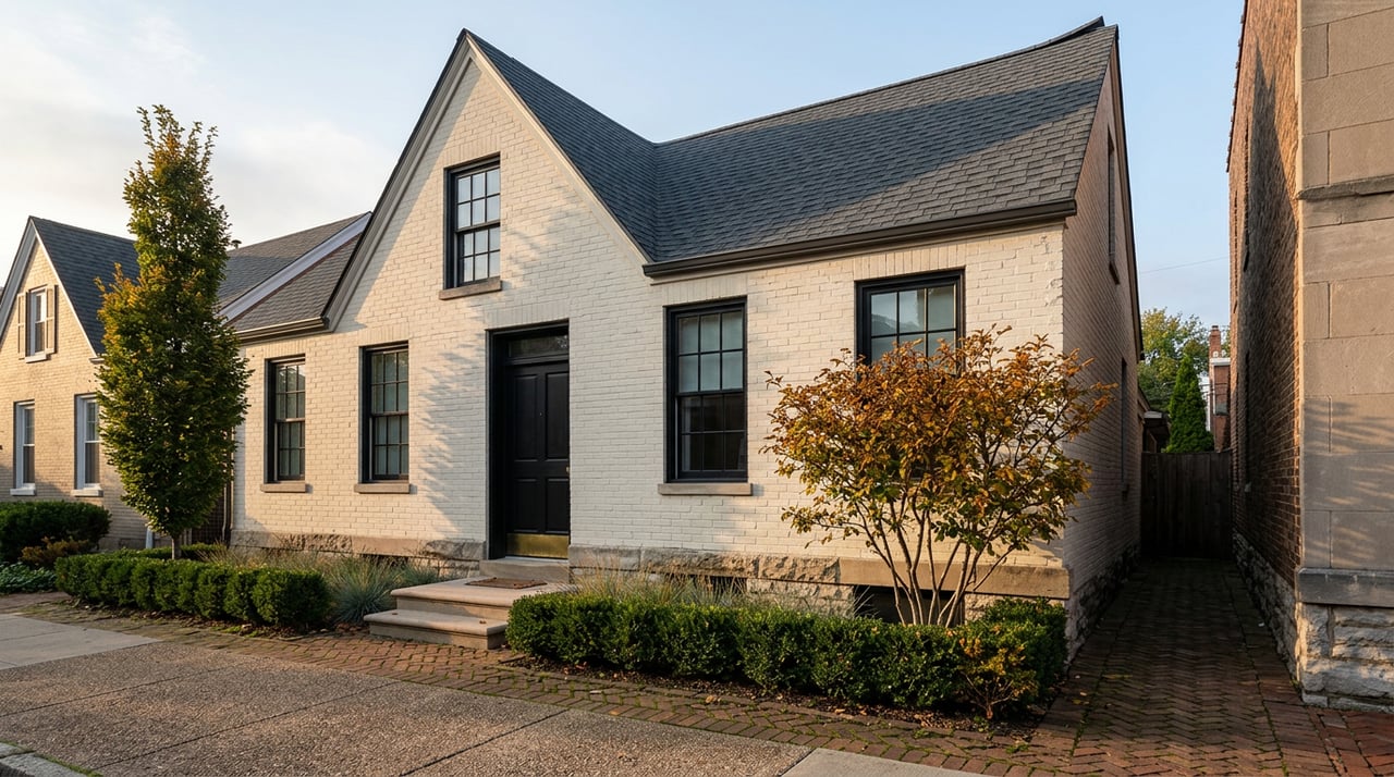 Attached white-brick rowhouse with a black entry, limestone stoop, clipped hedge, and steep dark-shingle gable.