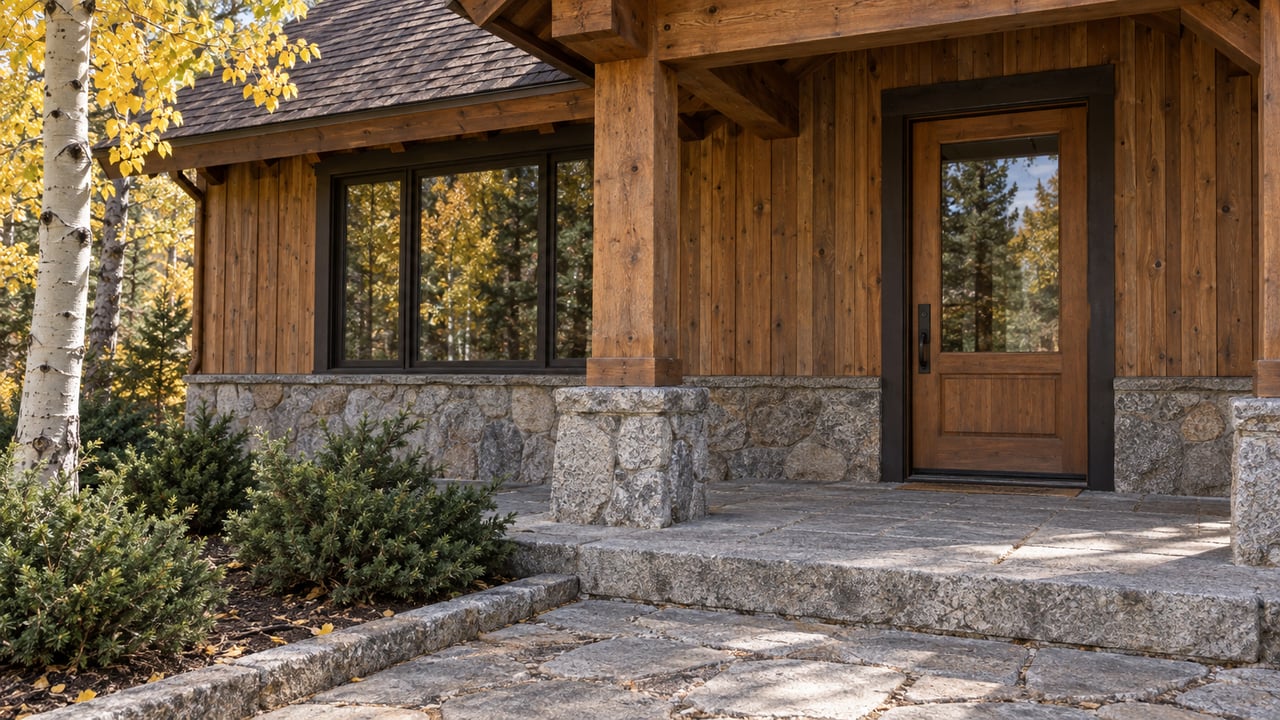 Autumn sunlight on a cedar cabin entry with a glazed wood door, granite steps and a yellow-leaved aspen.