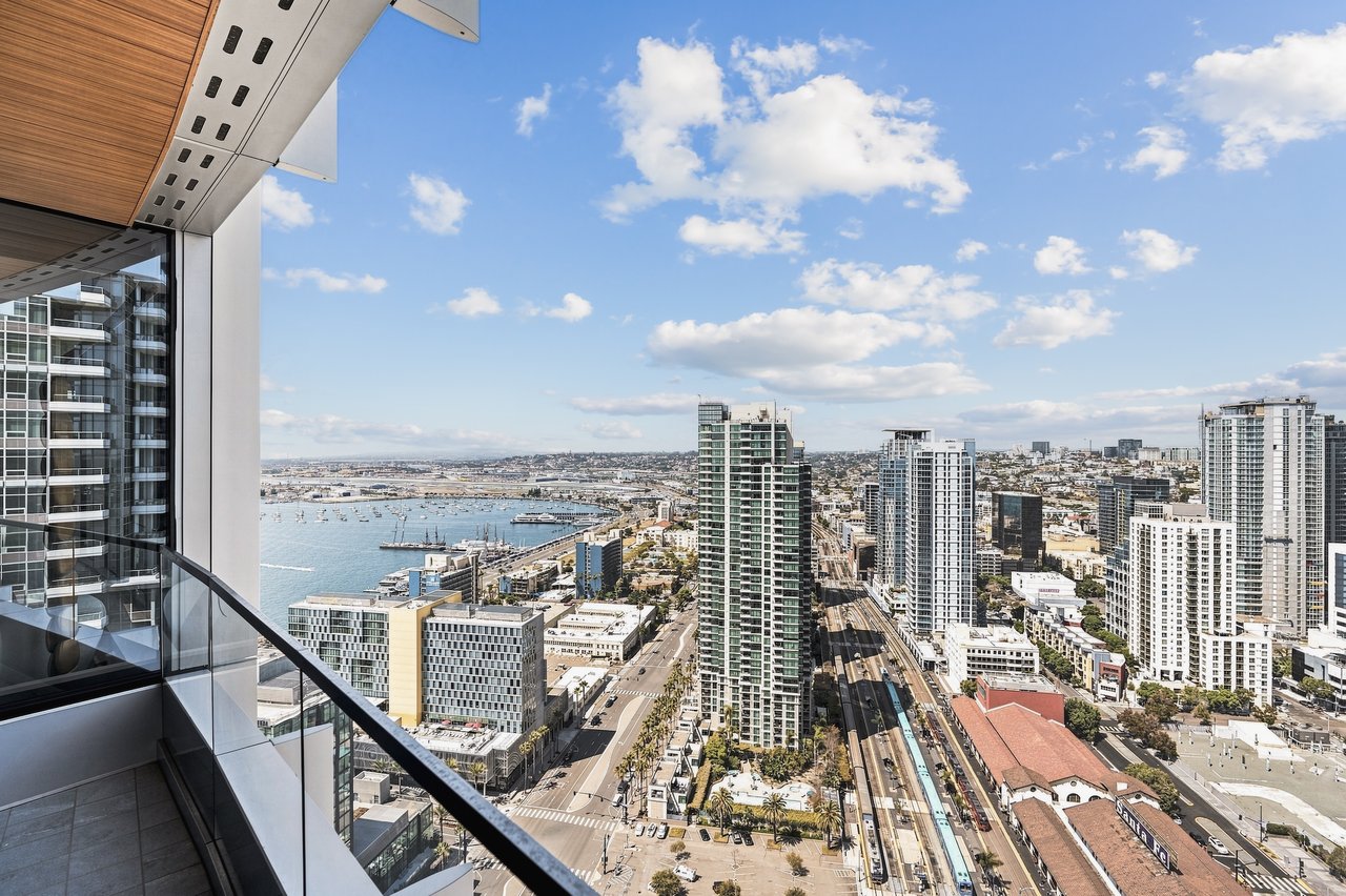 High-rise balcony overlooking downtown San Diego and the waterfront marina.