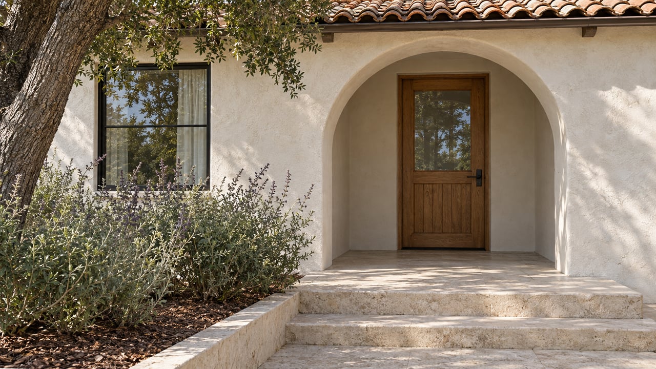 Cream stucco home entry with a recessed oak door, clay roof tiles, limestone steps and a mature oak beside silver-green sage.