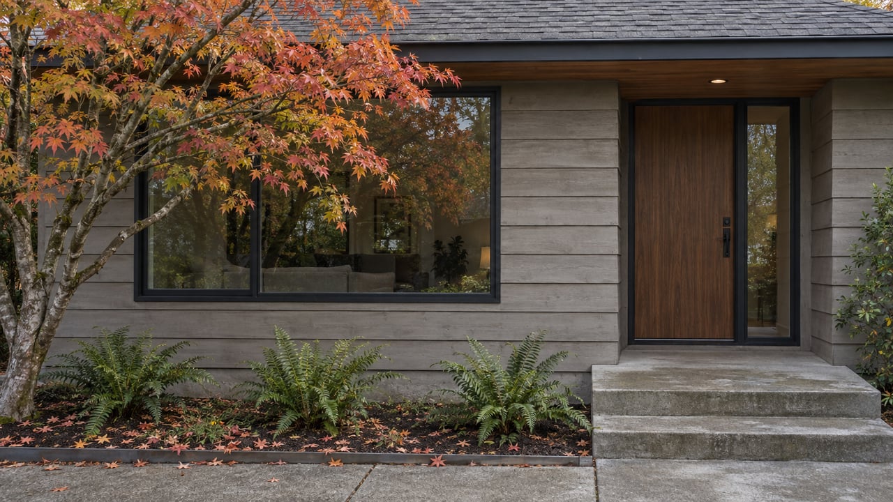 Weathered gray house with a recessed wood door, black-framed window, and vine maple in the front garden.