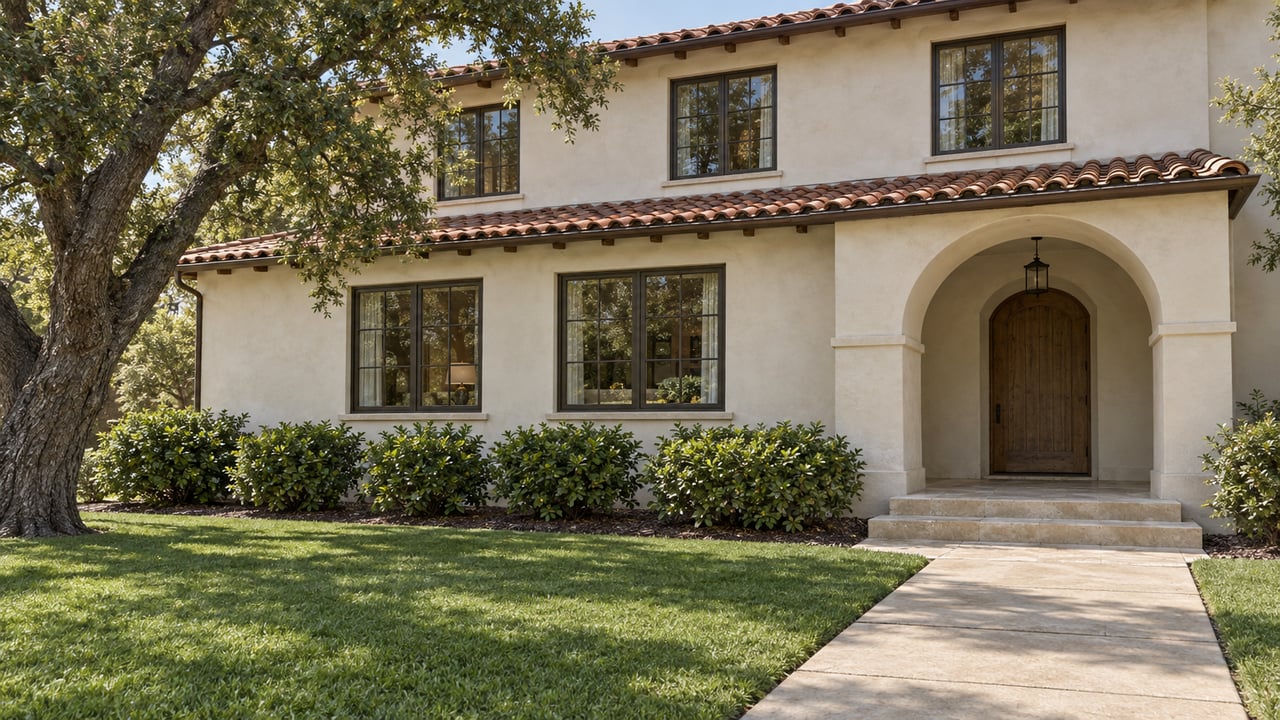 Ivory stucco home with clay roof tiles, bronze windows, an arched oak entrance, and a broad lawn beneath a mature oak.