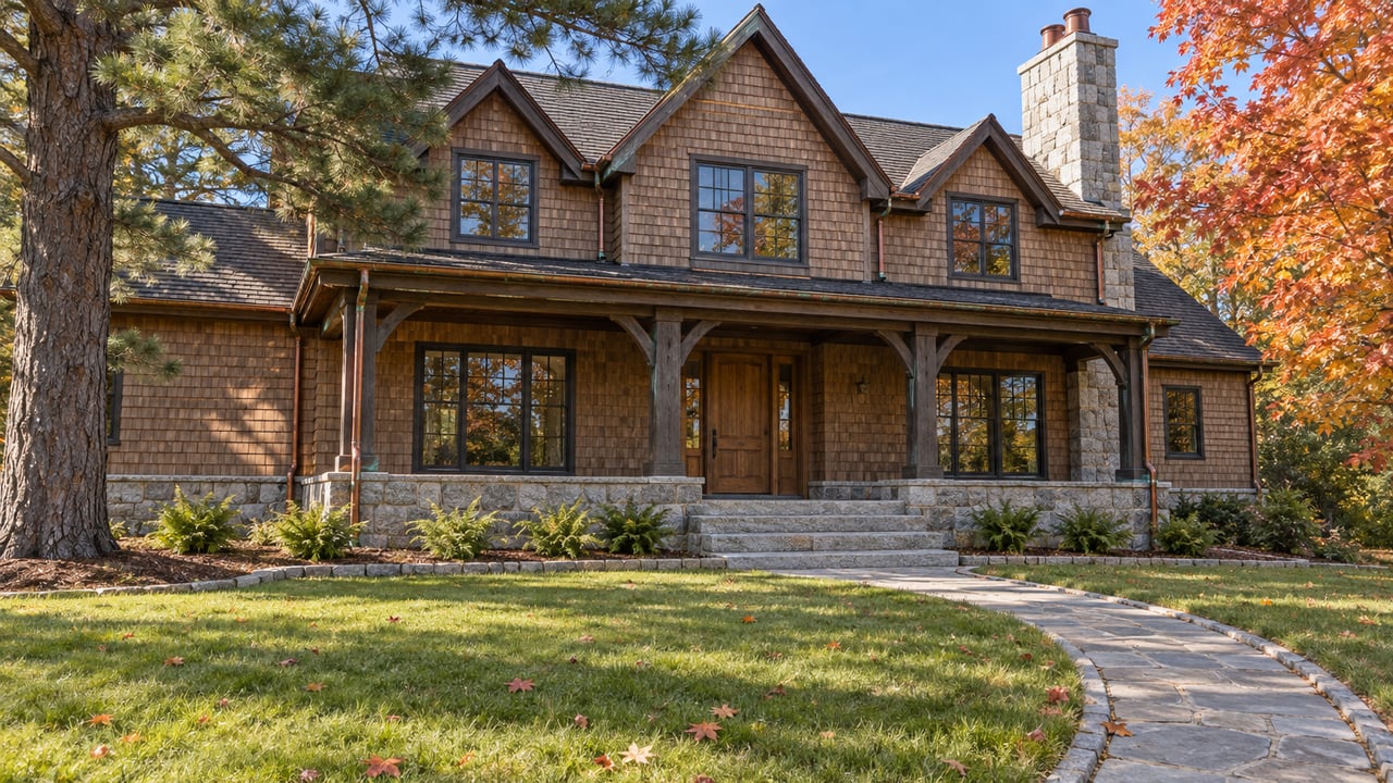 Cedar-shingle home with a granite chimney and covered timber porch beyond a broad autumn lawn, framed by a mature pine and amber maple.